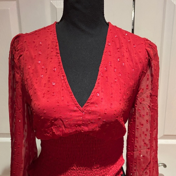 Elegant Red V-Neck Blouse with Sheer Sleeves - Picture 2 of 10